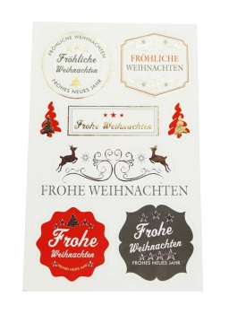 Schmucketiketten "Fröhliche Weihnachten",  8 Etiketten pro Pack, rot/grau